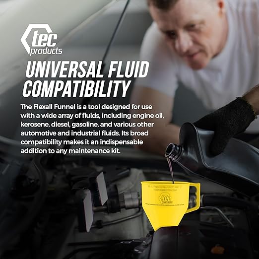 FlexAll Long Flexible Funnel for Automotive Use - Durable Nitrile Rubber - Ideal for Car Oil Change, Transmission Funnel Fluid, Diesel, Fuel, Gas - Made in USA - Yellow (12 x 4 Inches)