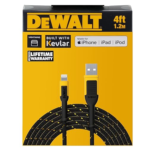 DEWALT Heavy Duty Lightning to USB A Cable — Reinforced Braided Cable for Lightning — Charger Cord Compatible with iPhone — Apple Compatible Charging Cable… (USB A to Lightning, 4FT)