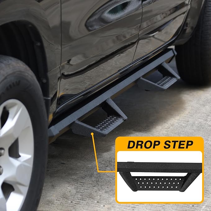 Running Boards Side Steps Compatible for Vehicle 2004-2023 Nissan Titan Crew Cab & 2016-2023 Titan XD Crew Cab. Dual-Stage Textured Black Powder Nerf Bars Step Rails. (BCKA85515-C)