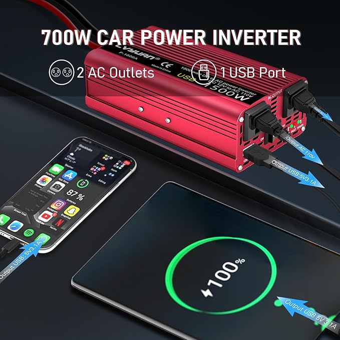 Power Inverter 700W/1500W (Peak) Dual AC Outlets and USB Charging Port DC 12V to 110V AC Car Converter Inverter for Home Car RV Truck Camping