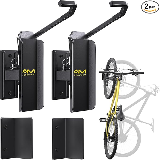 AM alphamount Swivel Bike Wall Mount, Metal Wall Bike Rack with Durable Sleeves, Space-Saving Vertical Bike Rack with 180° Swivel for Home and Garage, Bike Storage Hanger Mount Up to 66 lbs, 2-Pack