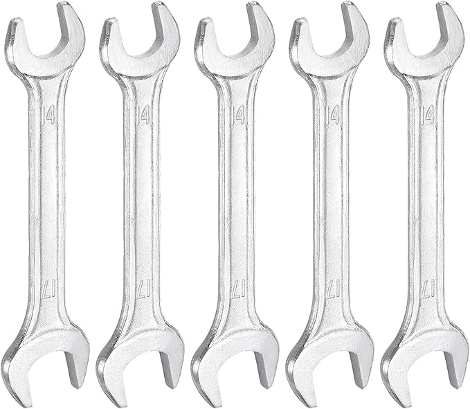 HARFINGTON 5pcs Double Open End Wrench 14mm x 17mm Metric 15 Degree Offset Angle Small Flat Head Wrench Galvanizing Open Ended Spanner for Automotive Repair Furniture Assembly