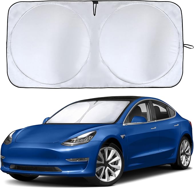 Econour Tesla Windshield Sun Shade for Model 3 and Y | Reflective 240T Material Blocks Sun & Heat | Offers Protection for Car Interior | Foldable Sun Blocker with Storage Pouch | Tesla Car Accessories