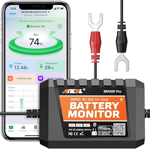 (Upgraded BM300) ANCEL BM300 Pro 6V 12V 24V Battery Monitor - Bluetooth 5.3 Battery Monitor with Charging, Cranking System Test & Alarm - IP67 Waterproof Voltmeter for Trucks, Cars, Motorcycles, Boats