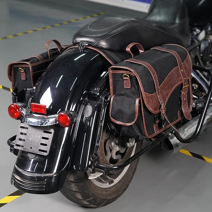 NICECNC Motorcycle Saddle Bags, Vintage Oil Waxed Canvas Saddlebags Motorcycle Panniers Side Throw Over Saddle Bags Compatible with Harley Honda Suzuki Yamaha Adventure Street Glide Brown
