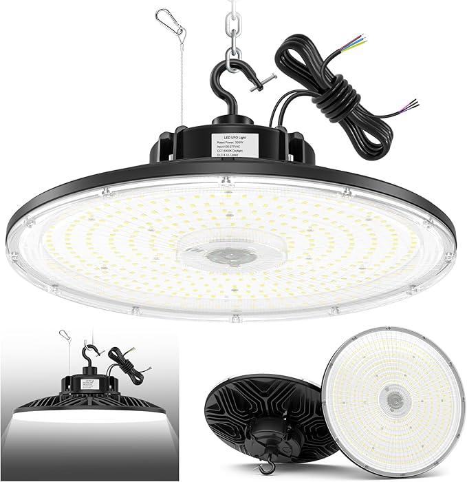 300W UFO LED High Bay Light 1-10V Dimmable, 5000K Daylight 42000LM, UL DLC Listed Low Bay LED Lights for Workshop Factory Warehouse, IP65 Waterproof Shop Lights Low Bay Lighting 100-277VAC Input
