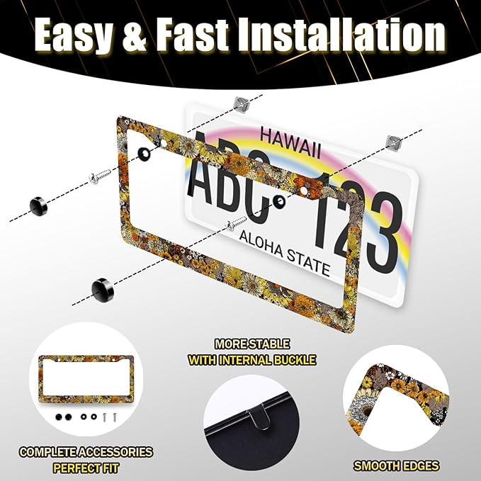 Vintage Sunflowers License Plate Frame Flowers License Plate Holder Stainless Steel Funny Colorful Car Accessories Decoration 6.3" X 12.3" With2 Holes Screws