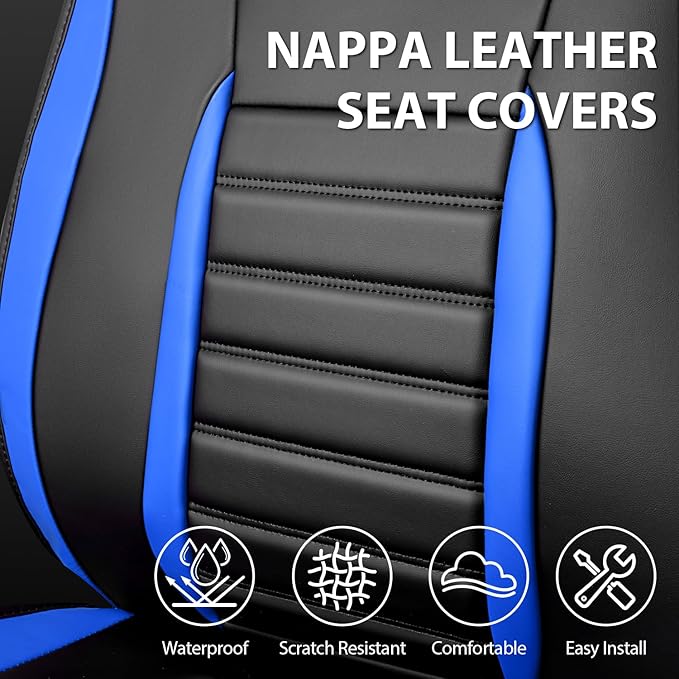 CAR PASS Nappa Leather Car Seat Covers Front Seats, Luxury Seat Protector for Cars, Waterproof Anti-Slip Seat Cushion Armrest Compatible Airbag Universal for Sedan SUV Pick-up Truck Auto, Black Blue