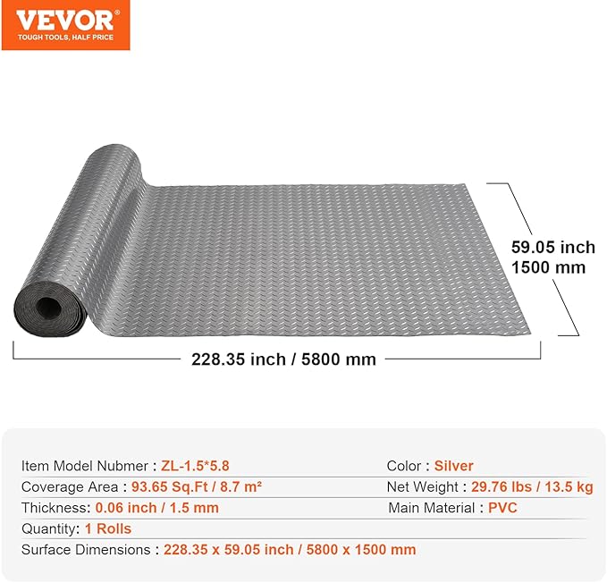 VEVOR Garage Floor Mat, 19 x 4.9 FT PVC Garage Flooring Roll, Non-Slip Diamond Texture, 93.65 sq.ft Covering Space, Garage Mats for Under Cars, for Gyms Boats Car Trailer, Gray