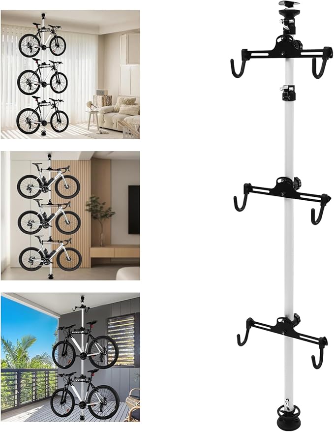 Floor to Ceiling 3 Bike Vertical Freestanding Hanger Parking Rack, Bicycle Storage Rack 360° Adjustable Hook Indoor Bike Storage Pole Stand for Storing Bicycles in Garages or Apartments