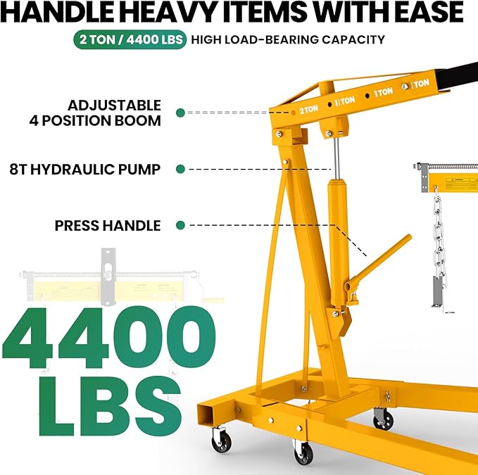 Engine Lift with Load Leveler,2T Heavy Duty Alloy Steel Folding Cherry Picker Engine Lift,Cherry Picker Workshop Crane,8Ton Hydraulic Engine Crane,Engine Lift for Workshop Warehouse Garage (Yellow)