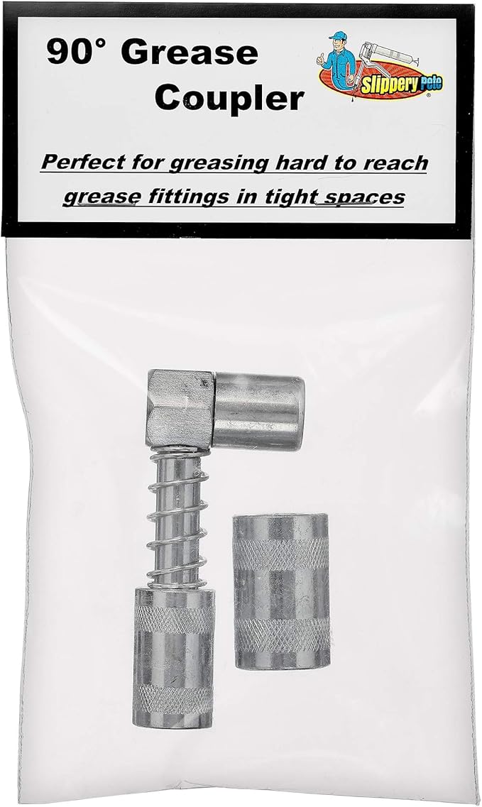 Slippery Pete 90 Degree Grease Coupler Snaps on to Grease Fittings in Tight Spaces
