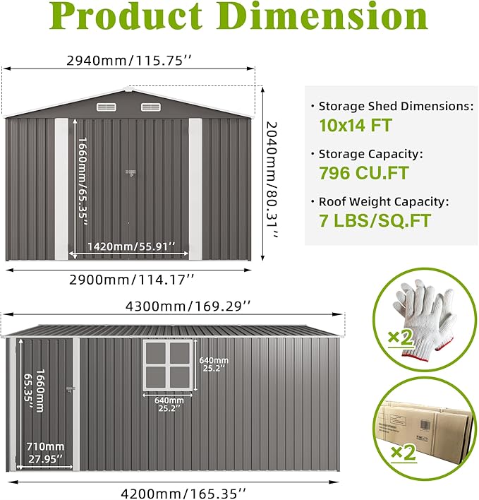 10 x 14 FT Outdoor Storage Shed, Metal Garden Tool Shed with Slooping Roof, Lockable Doors, All-Weather Bike Shed Easy to Assemble for Backyard, Patio, Lawn, White+Black