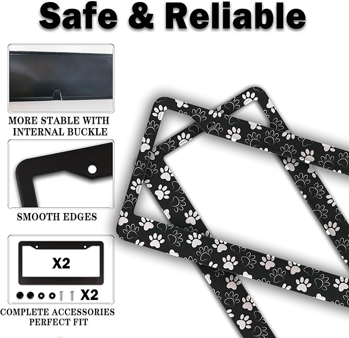 License Plate Holder Black and White License Plate Frames Black White Dog Cat Paw Print Universal Aluminum Car Accessory 2 Pack with Screw Covers Set