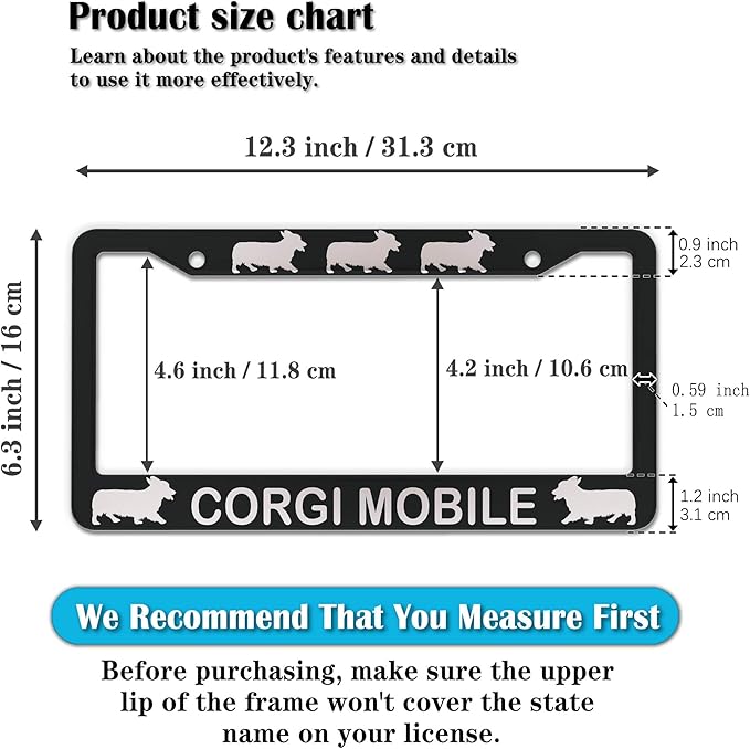 License Plate Frames for Women Black and White License Plate Frame for Men Corgi Mobile Aluminum Metal Car Accessory 2 Pack with Screw Covers Set