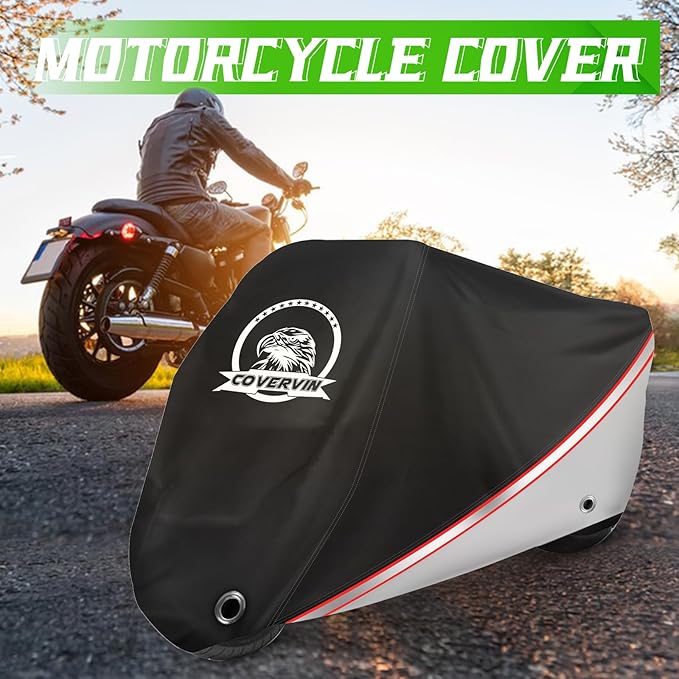 COVERVIN Motorcycle Cover, All Weather Outdoor Waterproof Night Protection with Reflective Strips, Locking Holes and Storage Bag for 86 Inch Suzuki, Kawasaki, Honda, Harley-Davidson(Silver M)