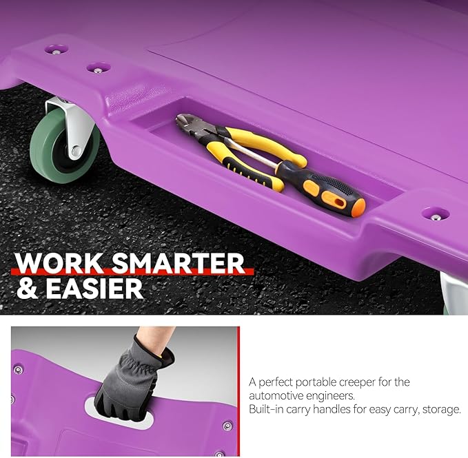 Auto Dynasty 40 Inches Mechanic Creeper, Automotive Garage Repair Low Profile Under Car Rolling Creeper with Padded Headrest, Plastic, Purple