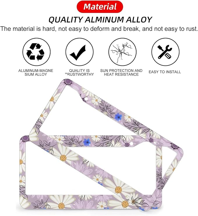 Flowers Daisy License Plate Frames - 2 Pcs Set 2 Holes Metal Aluminum Auto Car Accessories Decoration License Plate Frame 12.2 x 6.3 inch for Women Men Gift