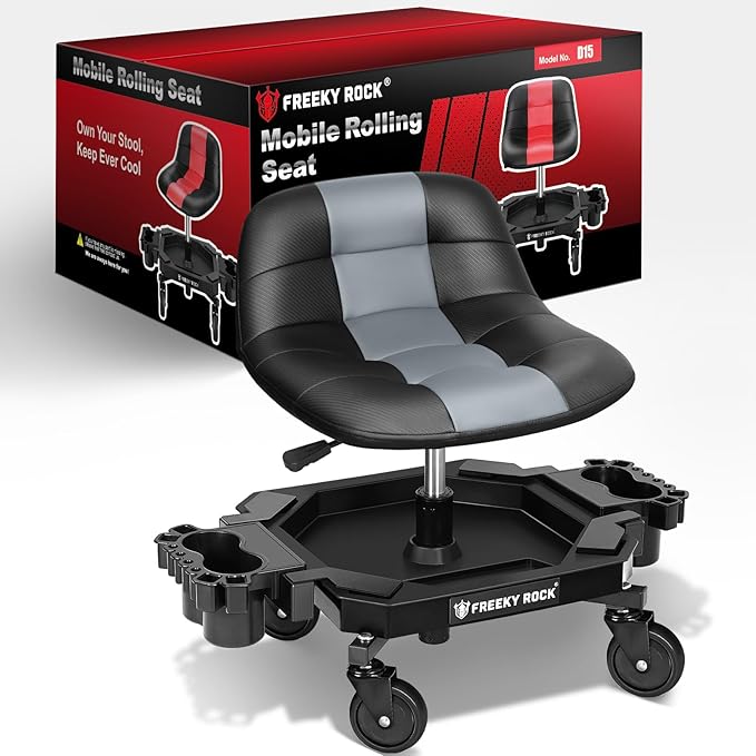 Rolling Stool with Wheels, Adjustable Height Pneumatic Garage Work Mechanic Stool Seat with Backrest, 400 LBS Capacity 360° Swivel Mechanic Crepper Chair with Tool Tray Storage, Gray