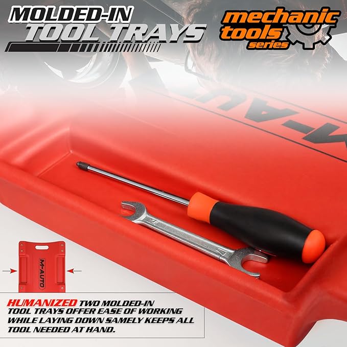 M-AUTO Plastic Rolling Garage Creeper with Padded Headrest 36" Light Weight Automotive Creeper Mechanic Cart with Dual Tool Trays and Noiseless Casters, Red