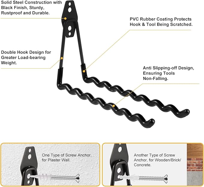 Wall Mounted Garage Hooks Tool Organizer, 10 Inch Garage Storage Hook Heavy Duty Utility Wall Hangers Black for Ladders, Hose, Garden Tools, Set of 4