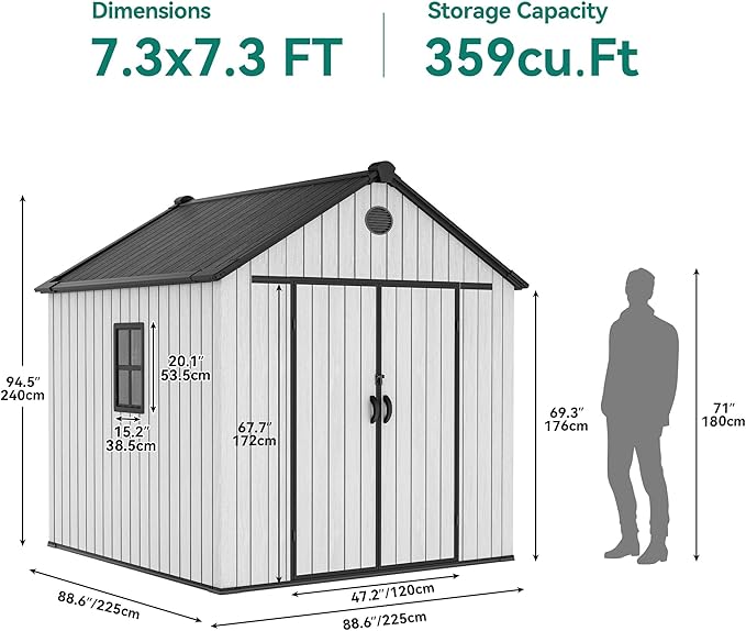 YITAHOME Large Resin Shed with Floor, Windows & Vents, 7.3 x 7.3 ft Weatherproof Tool Storage, Outdoor Storage Shed for Patio, Lawn Mower, and Bike, Gray