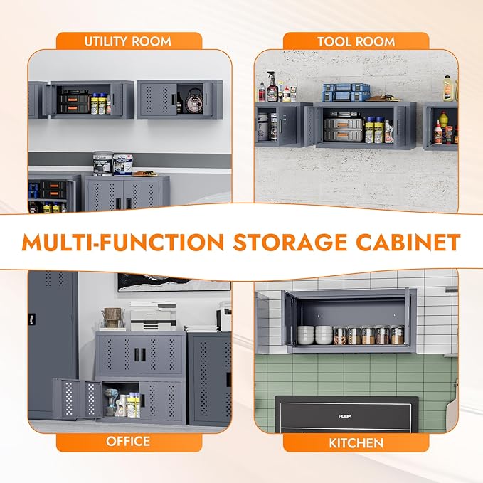 Metal Wall Storage Cabinet Steel Wall Mounted Garage Storage Cabinet with Doors for Basement Utility Room Warehouse Kitchen