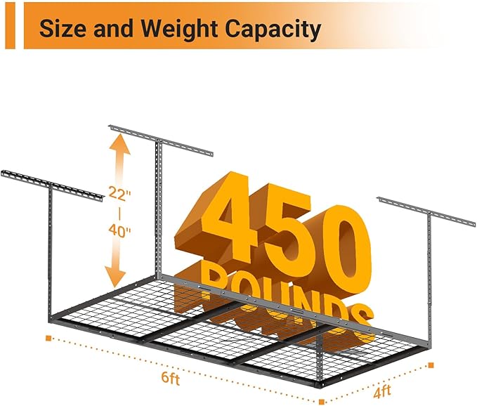 4x6ft Overhead Garage Storage Rack, Heavy Duty Metal Ceiling Shelf, 22'' to 40" Adjustable Dropdown, 450lbs Loading Weight Capacity, Black