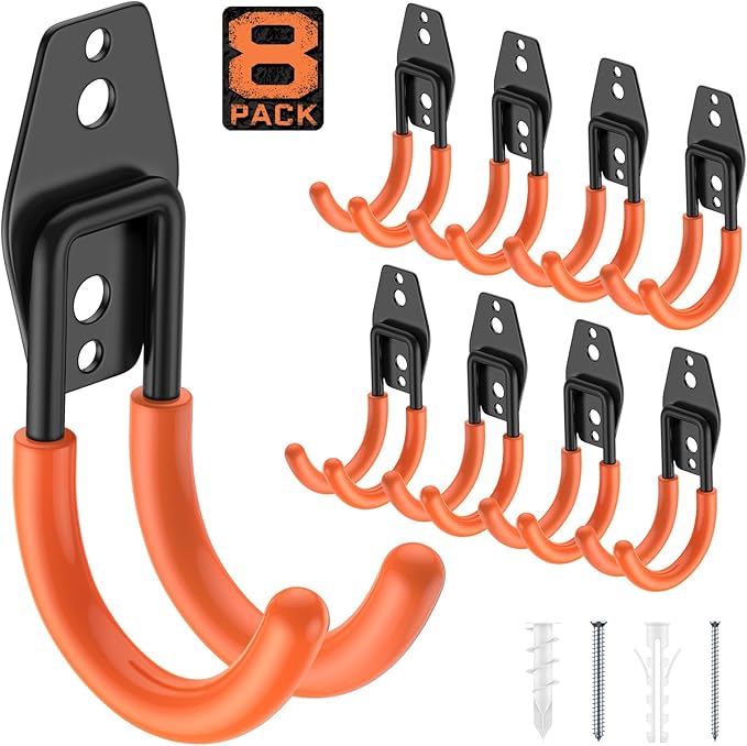 8 Pack 4.7x2.6 Inch Utility Steel Wall Mount Heavy Duty Garage Hooks with Anti-Slip Coating,Storage More Yard,Garden and Power Tools and for Hanging Hose,Ladder and Bike