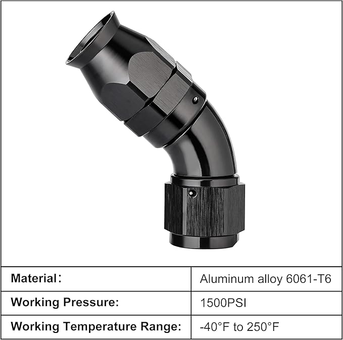 EVIL ENERGY 8AN 45 Degree PTFE One Piece Full Flow End Hose Fitting Aluminum Black