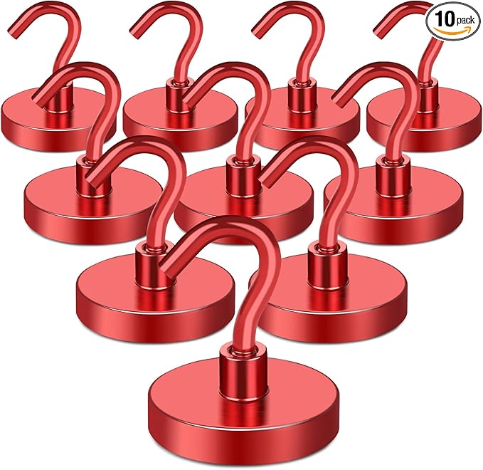 MIKEDE Magnetic Hooks Heavy Duty, 150LB Strong Magnet with Hook for Fridge, Super Neodymium Strength Industrial Hooks for Hanging, Magnetic Hanger for Toolbox, Cruise, Grill(Red,10 Pack)