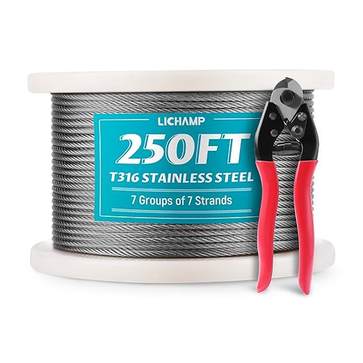 Lichamp 250FT 1/8" Stainless Steel Wire Rope Cable, Aircraft 316 SS Braided Steel Wire Thin Metal Cable Hardware for Deck Railing Handrail Safety System, SSC250