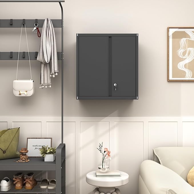 GREATMEET Metal Wall Cabinet, Wall Mounted Cabinet with Doors and Adjustable Shelf, Metal Storage Cabinet with Lock, Wall Cabinet for Garage, Pantry, Utility Room, Black