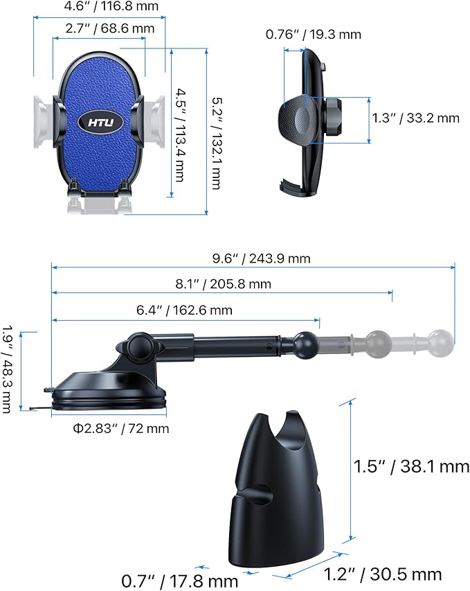 HTU 【Military-Grade Suction】 2025 Cell Phone Holder for Car【Flexible Telescopic Arm】 Car Phone Mount Stand for Dashboard Windshield for iPhone 16 Pro Max 15 14 13 12 Samsung Truck Jeep, Dark Blue