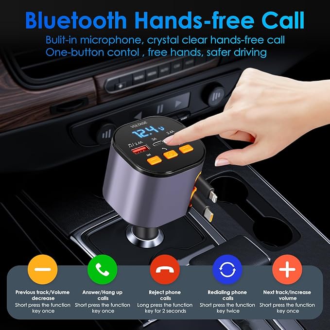 Retractable Car Charger,5 in 1 Fast Car Phone Charger 90W,Bluetooth 5.3 FM Transmitter Adapter,Handsfree Call,2 Retractable Cables and USB Cars Chargers for iPhone 15/14/13 (Purplr)