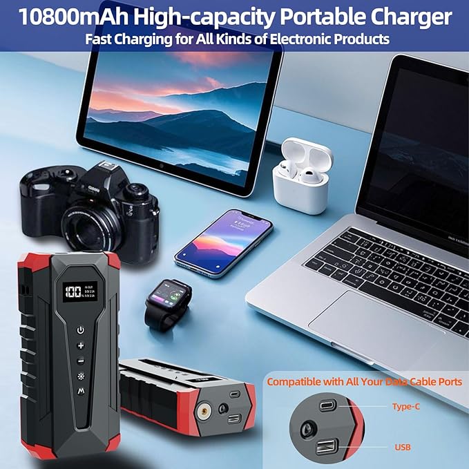 10800mAh Car Jump Starter with Air Compressor and USB/Type-C Charger, UL-Certified Portable Power Station for Cars
