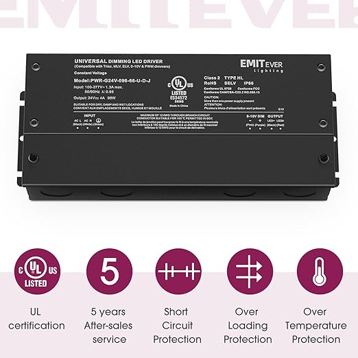 EMITEVER Dimmable Led Driver, 2 Packs 96W AC 110V-277V to DC 24V Transformer, 5-in-1 Dimming: ELV/MLV/TRIAC / 0-10V / 1-10V / 10V PWM/Potentiometer, Waterproof IP67 and UL Listed