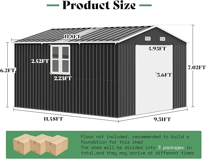 AMERLIFE 10x12x7 FT Galvanized Steel Storage Shed with Dual Transparent Panels, 2 4-Pane Windows & Hinged Double Doors, Outdoor Shed for Backyard, Garden, Patio, Dark Grey/White