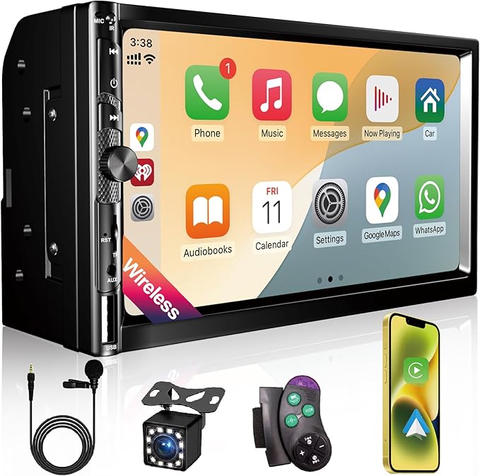 7 Inch Car Stereo with Wireless Apple CarPlay,Double Din Car Radio Androdi Auto,Bluetooth 5.2,IPS 1024 * 600 Display,FM Radio, Backup Camera,Online Navigation,178 * 100mm,Car Audio Receivers