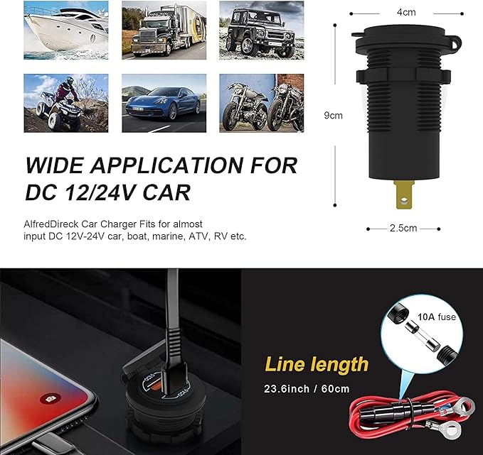 2 Pack 12V USB Outlet - 90W(Max) Dual Ports QC4.0 PD & Quick Charge3.0 Car Charger Socket with LED Indicator - Waterproof USB C Port for Car Boat Marine Motorcycle RV Truck ATV Golf Cart