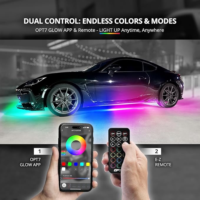 OPT7 Aura DreamColor Underglow Chasing Light Kit with APP & Remote Control, 4 PCS Flexible RGBIC LED Light Strips, Exterior Neon Accent Underbody Lights for Car Truck RV, Multi Colors Music Mode, 12V
