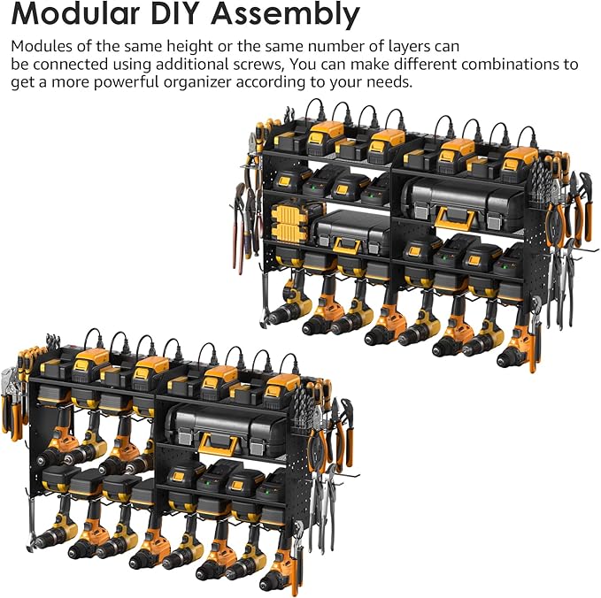 CCCEI Modular Power Tool Organizer with Charging Station. 4 Layer Wall Mount Drills Holder, Tool Battery Charger Organizer. Garage Shop Storage Utility Shelf with 6FT Power Strip, Gift for Men.