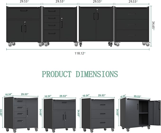 Metal Tool Cabinet,Garage Storage Cabinet System,Wall Cabinet & Locking Rolling Tool Cabinet with Doors and Adjustable Shelves,Steel Tool Cabinets for Home,Office (4 Pcs-StyleC, Black)