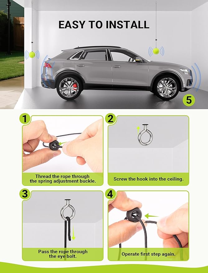 2-Packs Tennis Ball Garage Parking Aid with Non-Elastic String, Precise Garage Car Stop Indicator w/Adjustment Buckle, Easy Installation, Parking Stopper Assist for Garage Accessories