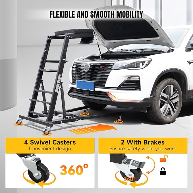 Adjustable Topside Creeper Automotive Engine Creeper 47''-65'', 440 LBS Capacity, 4 Swivel Caster Wheels (2 with Brakes), Padded Deck for Home Garage, Workshop Repair Maintenance
