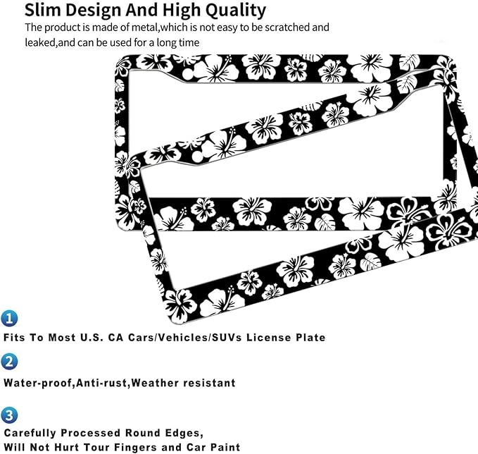 2 Pack Hibiscus License Plate Frame-Rustproof Aluminum White Hibiscus Floral Car Tag Holder Bracket for Women Men, Hibiscus Car Accessories with Screws Included