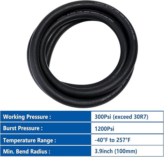 LokoCar Rubber Fuel Hose Line Push Lock 3/8" ID SAE 30R7 NBR 5ft 300PSI Black