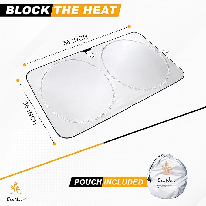 Econour Tesla Windshield Sun Shade for Model 3 and Y | Reflective 240T Material Blocks Sun & Heat | Offers Protection for Car Interior | Foldable Sun Blocker with Storage Pouch | Tesla Car Accessories
