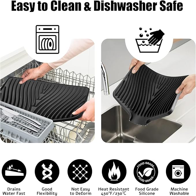 Silicone Dish Drying Mat, Stone Drying Mat for Kitchen Counter with Built-In Drain, Non-Slip Drain Pad with Built-in Drain, Heat Resistant Stone Drying Mat, 1Pcs 19.7" x 17", Black