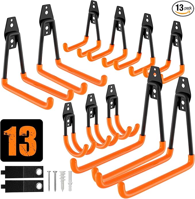 QcoQce 13 Pack Garage Hooks Heavy Duty with 2 Extension Cord Straps,Garage Storage Hooks, Wall Mount Hooks, Garage Organization and Tool Hangers for Bike, Ladder, Ropes and Garden Tools(Orange)